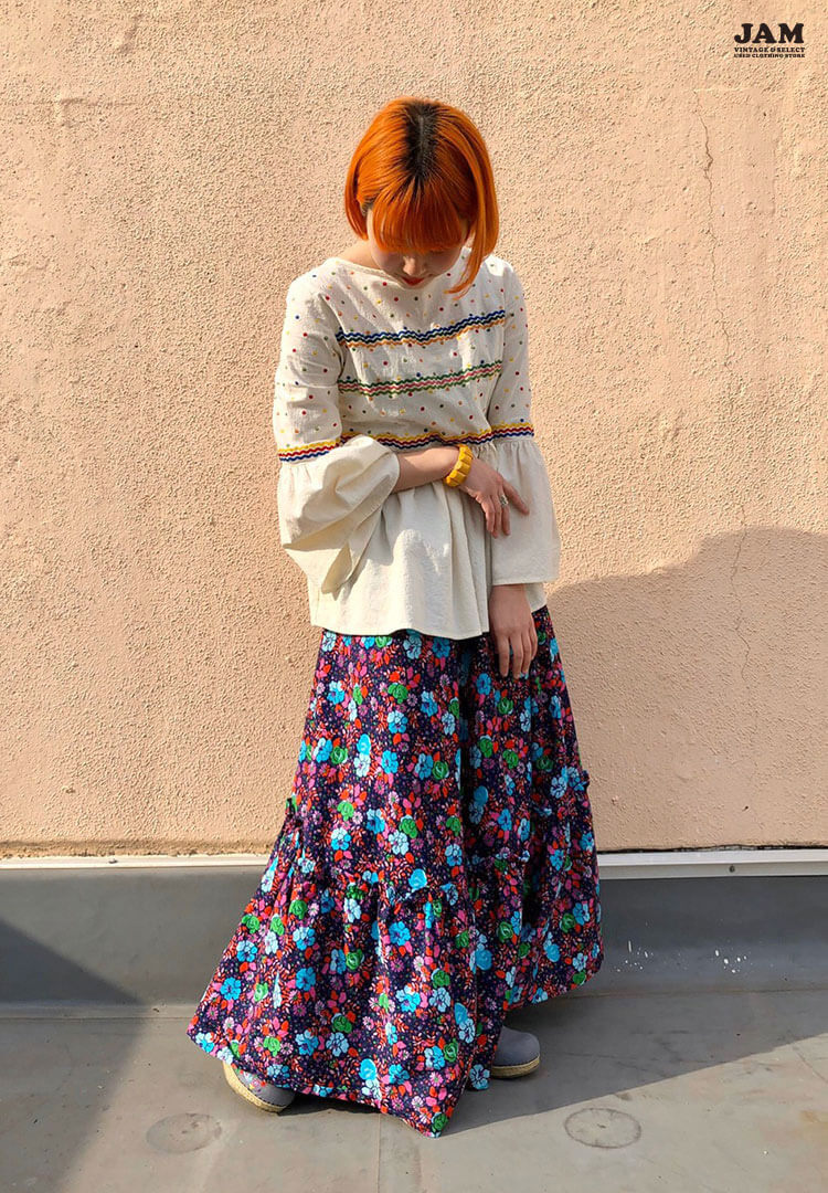 ビンテージ 80s 花柄 刺繍 ロング スカート